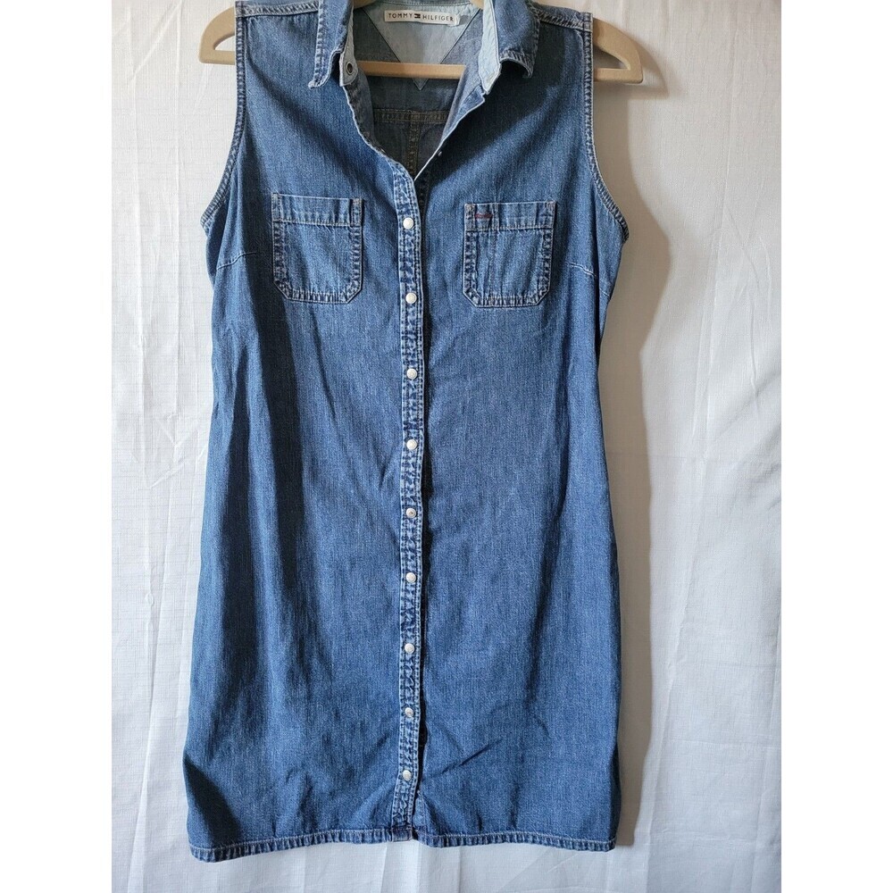Tommy Hilfiger Blue Denim Sleeveless Dress Women's Sz 12 Snap Front Y2K Vintage